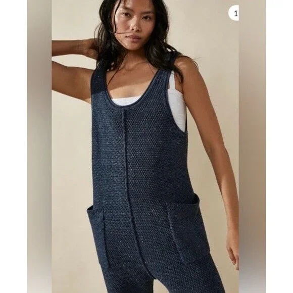 Free People Beach Hailee Knit Sweater Jumper Jumpsuit Navy Sz M Boho Beach - Picture 4 of 12
